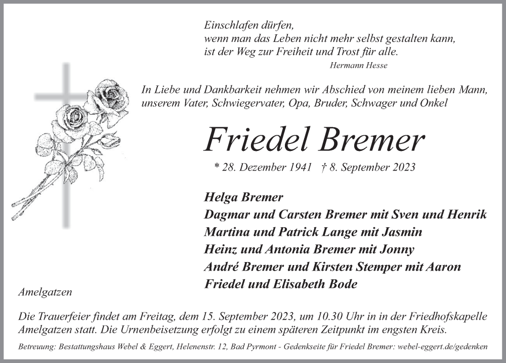  Traueranzeige für Friedel Bremer vom 12.09.2023 aus Deister- und Weserzeitung
