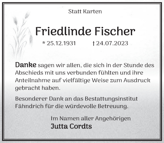 Traueranzeige von Friedlinde Fischer von Deister- und Weserzeitung
