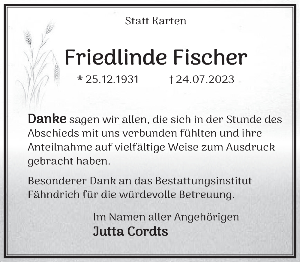  Traueranzeige für Friedlinde Fischer vom 09.09.2023 aus Deister- und Weserzeitung