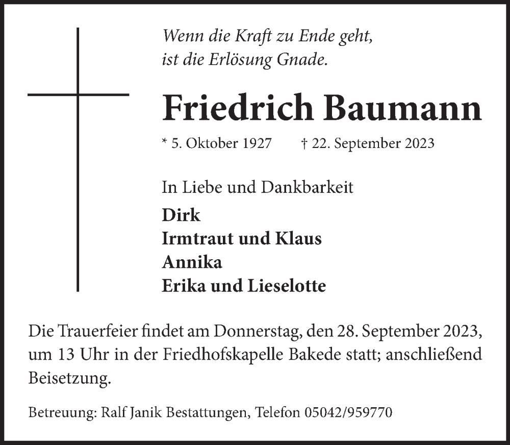  Traueranzeige für Friedrich Baumann vom 26.09.2023 aus Neue Deister-Zeitung