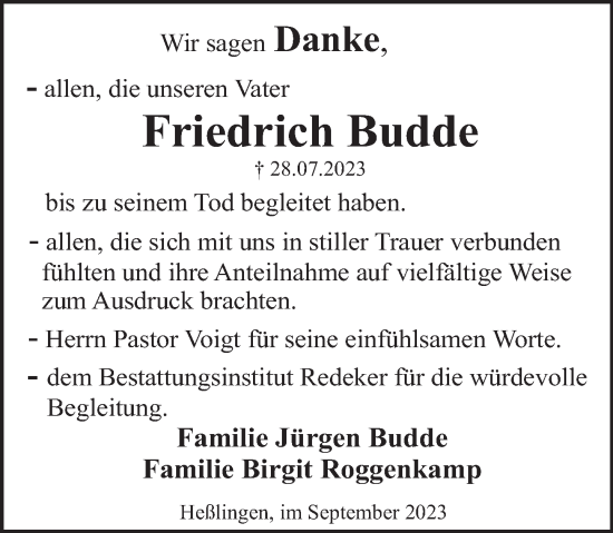 Traueranzeige von Friedrich Budde von Deister- und Weserzeitung