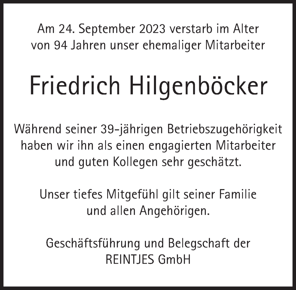  Traueranzeige für Friedrich Hilgenböcker vom 30.09.2023 aus Deister- und Weserzeitung