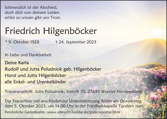 Traueranzeige von Friedrich Hilgenböcker von Deister- und Weserzeitung
