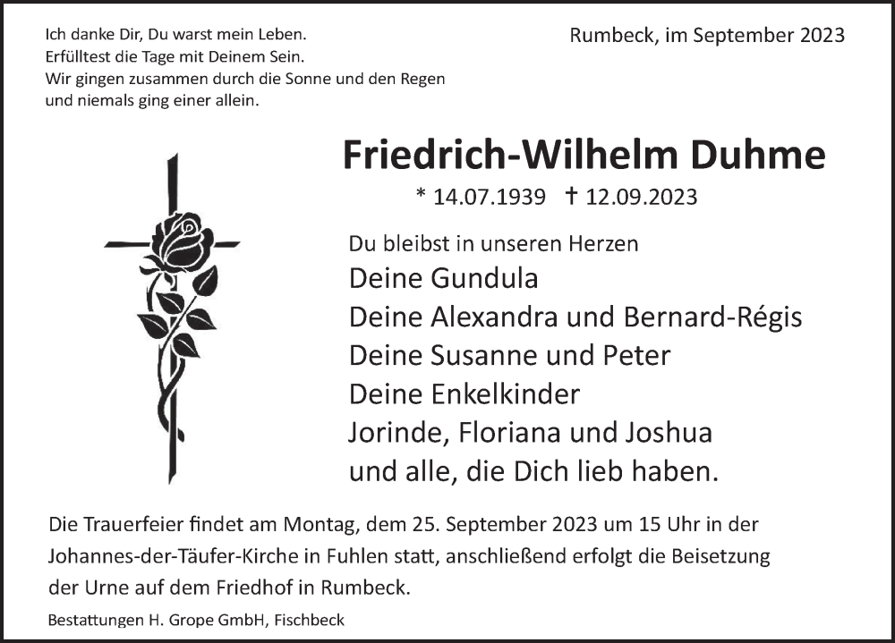  Traueranzeige für Friedrich-Wilhelm Duhme vom 23.09.2023 aus Deister- und Weserzeitung