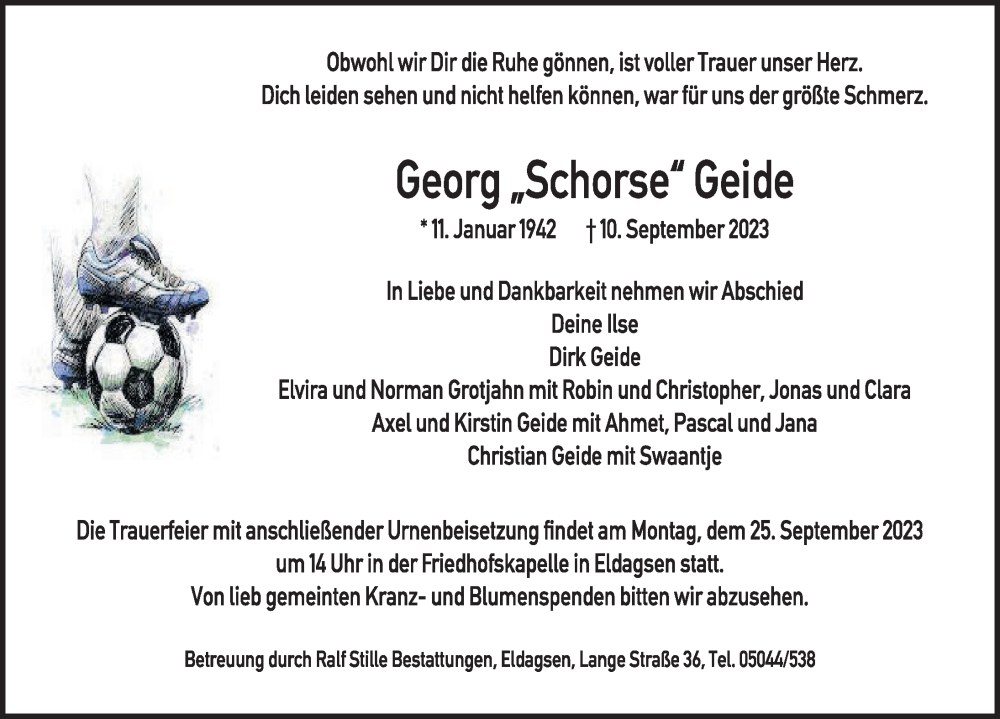  Traueranzeige für Georg Geide vom 16.09.2023 aus Neue Deister-Zeitung