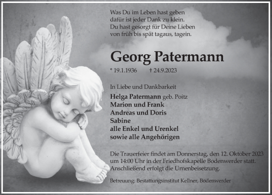 Traueranzeige von Georg Patermann von Deister- und Weserzeitung