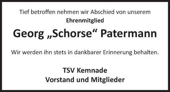 Traueranzeige von Georg Patermann von Deister- und Weserzeitung