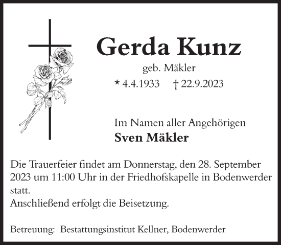 Traueranzeige von Gerda Kunz von Deister- und Weserzeitung
