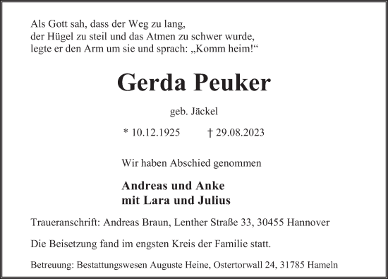 Traueranzeige von Gerda Peuker von Deister- und Weserzeitung