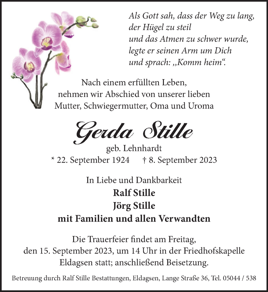  Traueranzeige für Gerda Stille vom 13.09.2023 aus Neue Deister-Zeitung