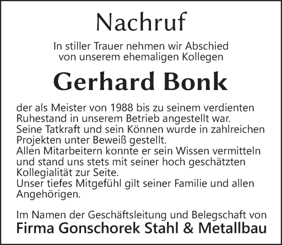 Traueranzeige von Gerhard Bonk von Neue Deister-Zeitung
