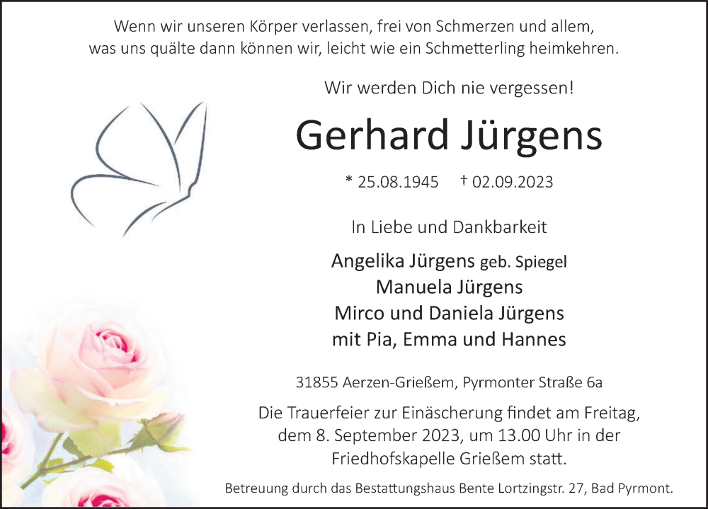  Traueranzeige für Gerhard Jürgens vom 06.09.2023 aus Deister- und Weserzeitung
