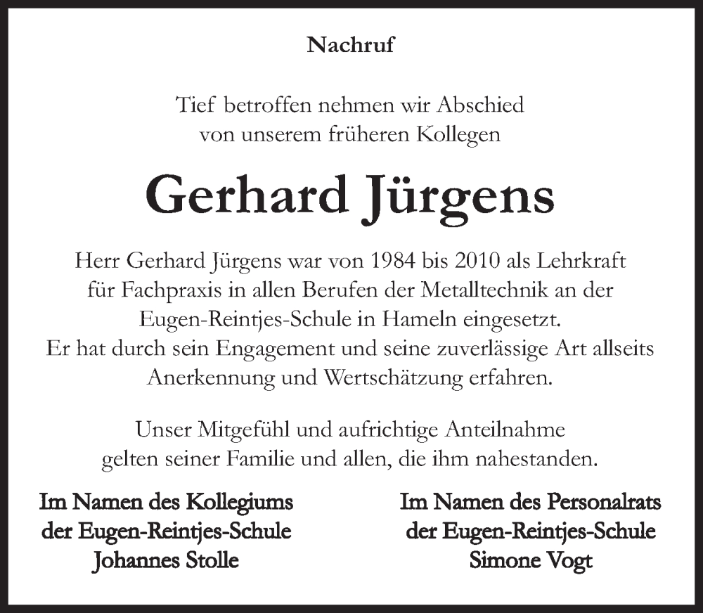 Traueranzeige für Gerhard Jürgens vom 09.09.2023 aus Deister- und Weserzeitung