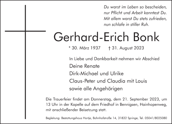 Traueranzeige von Gerhard Erich Bonk von Neue Deister-Zeitung
