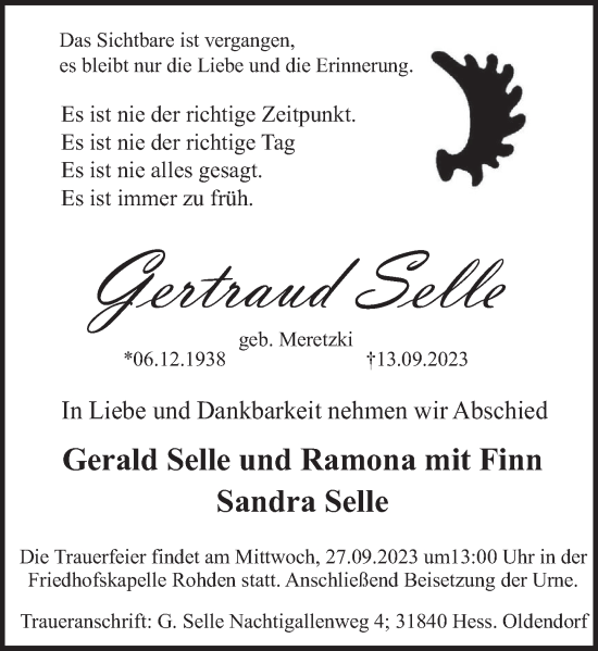 Traueranzeige von Gertraud Selle von Deister- und Weserzeitung