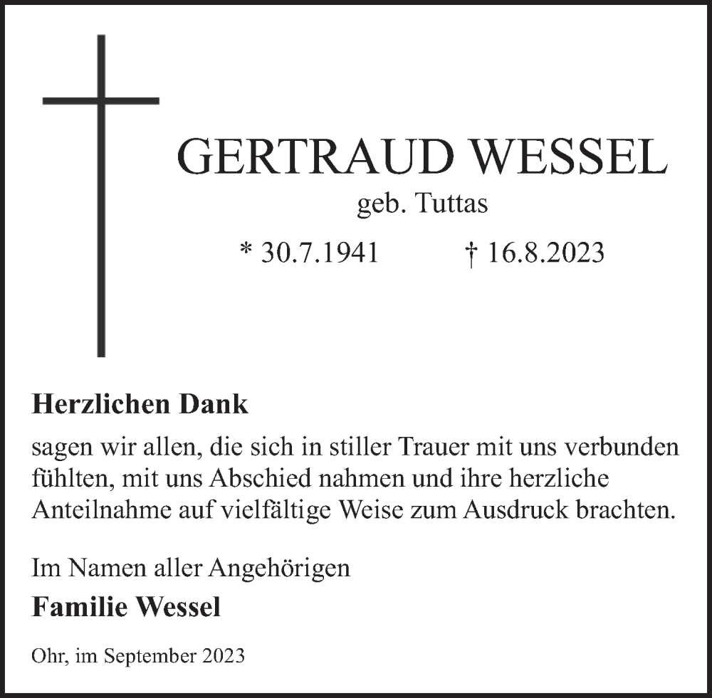  Traueranzeige für Gertraud Wessel vom 16.09.2023 aus Deister- und Weserzeitung