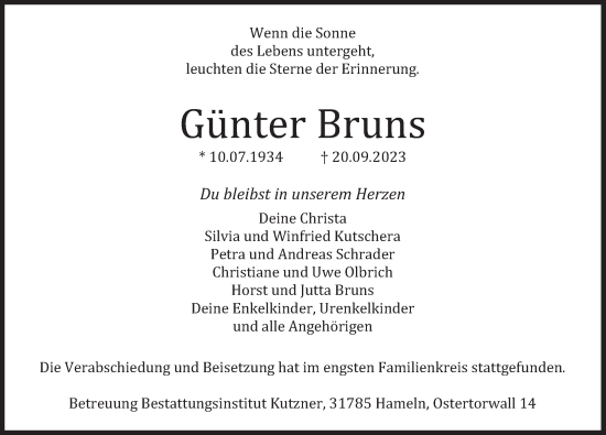 Traueranzeige von Günter Bruns von Deister- und Weserzeitung