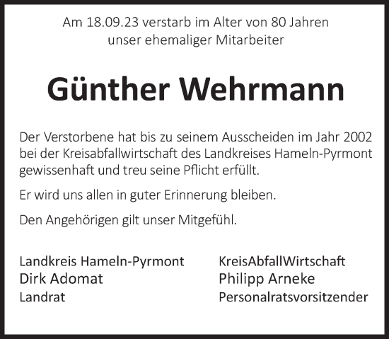 Traueranzeige von Günther Wehrmann von Deister- und Weserzeitung