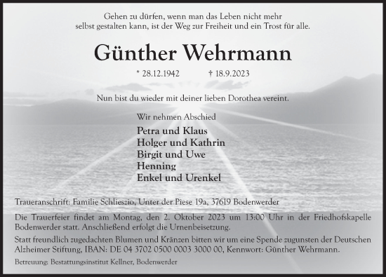Traueranzeige von Günther Wehrmann von Deister- und Weserzeitung