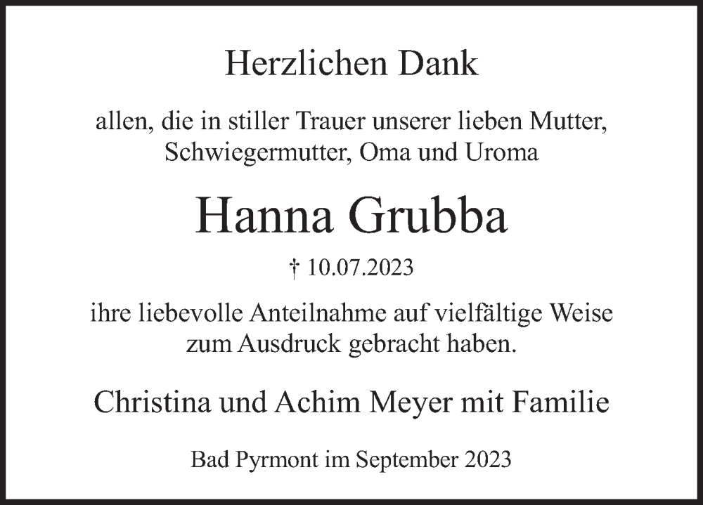  Traueranzeige für Hanna Grubba vom 09.09.2023 aus Deister- und Weserzeitung