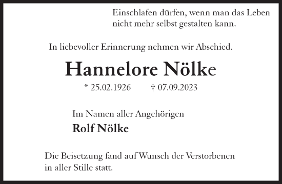 Traueranzeige von Hannelore Nölke von Deister- und Weserzeitung