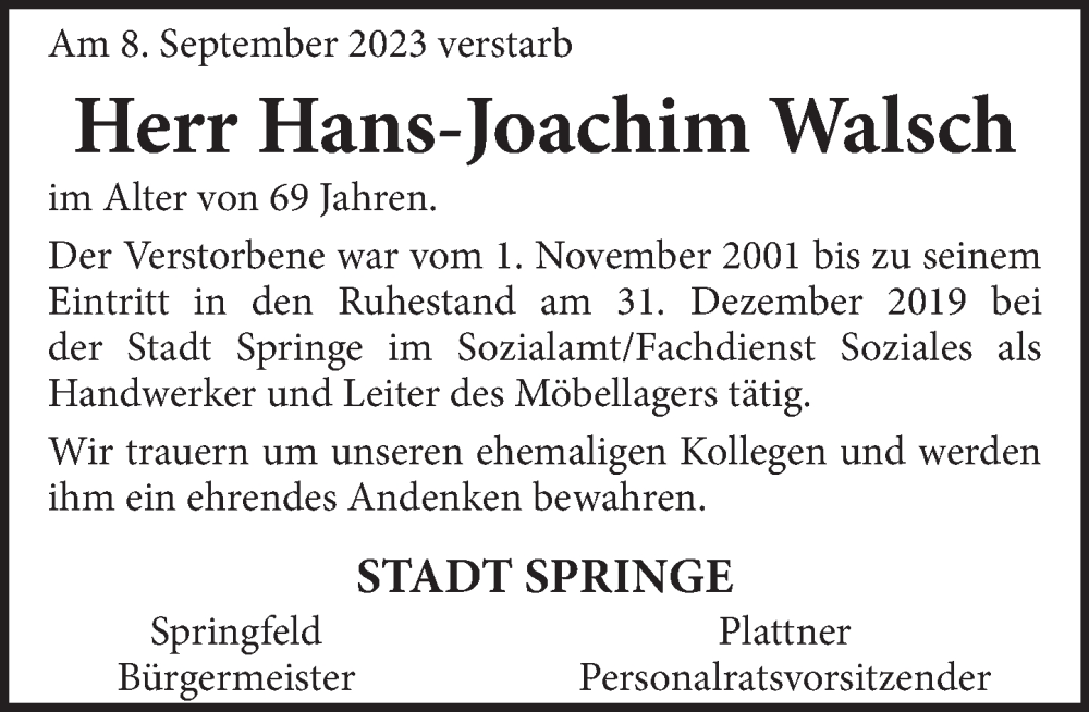 Traueranzeige für Hans-Joachim Walsch vom 29.09.2023 aus Neue Deister-Zeitung