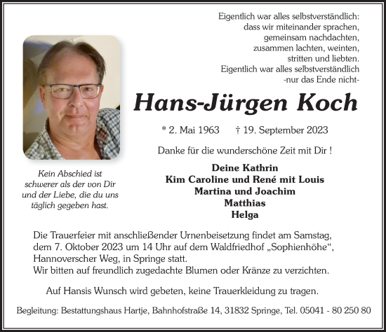Traueranzeige von Hans-Jürgen Koch