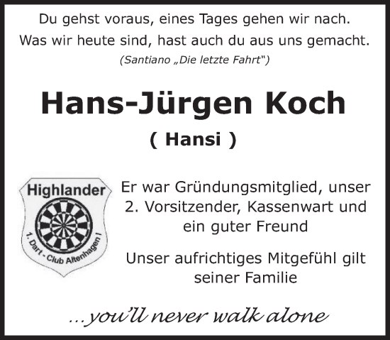 Traueranzeige von Hans-Jürgen Koch von Neue Deister-Zeitung