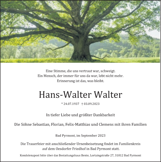 Traueranzeige von Hans-Walter Walter von Deister- und Weserzeitung