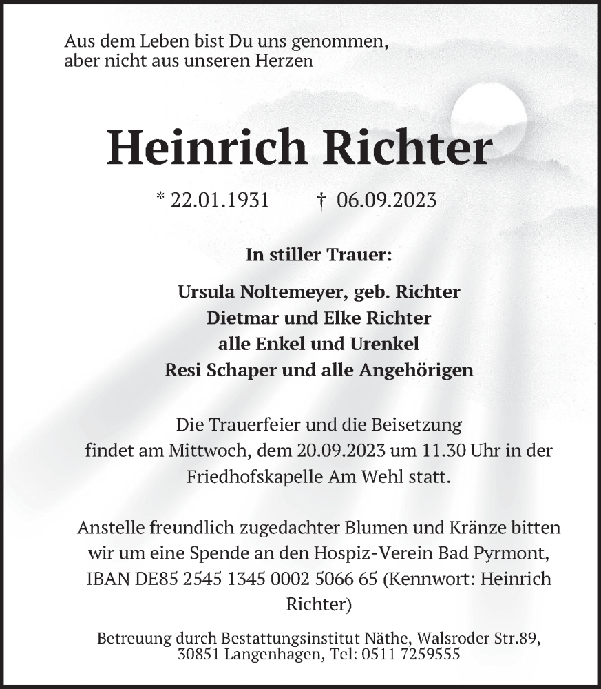  Traueranzeige für Heinrich Richter vom 16.09.2023 aus Deister- und Weserzeitung