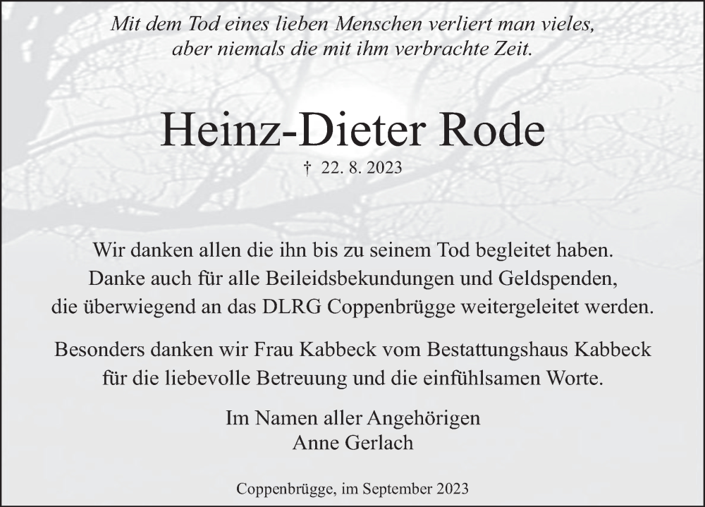  Traueranzeige für Heinz-Dieter Rode vom 16.09.2023 aus Deister- und Weserzeitung
