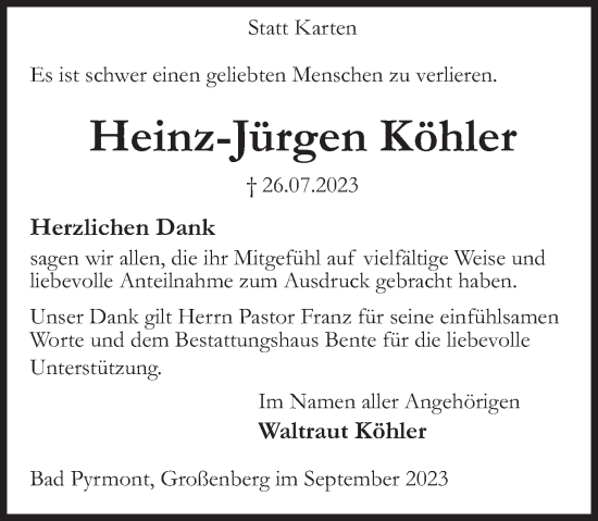 Traueranzeige von Heinz-Jürgen Köhler von Deister- und Weserzeitung