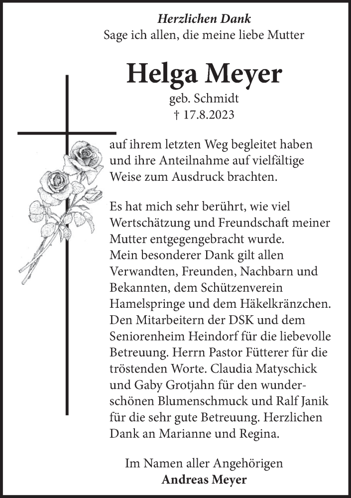  Traueranzeige für Helga Meyer vom 16.09.2023 aus Neue Deister-Zeitung