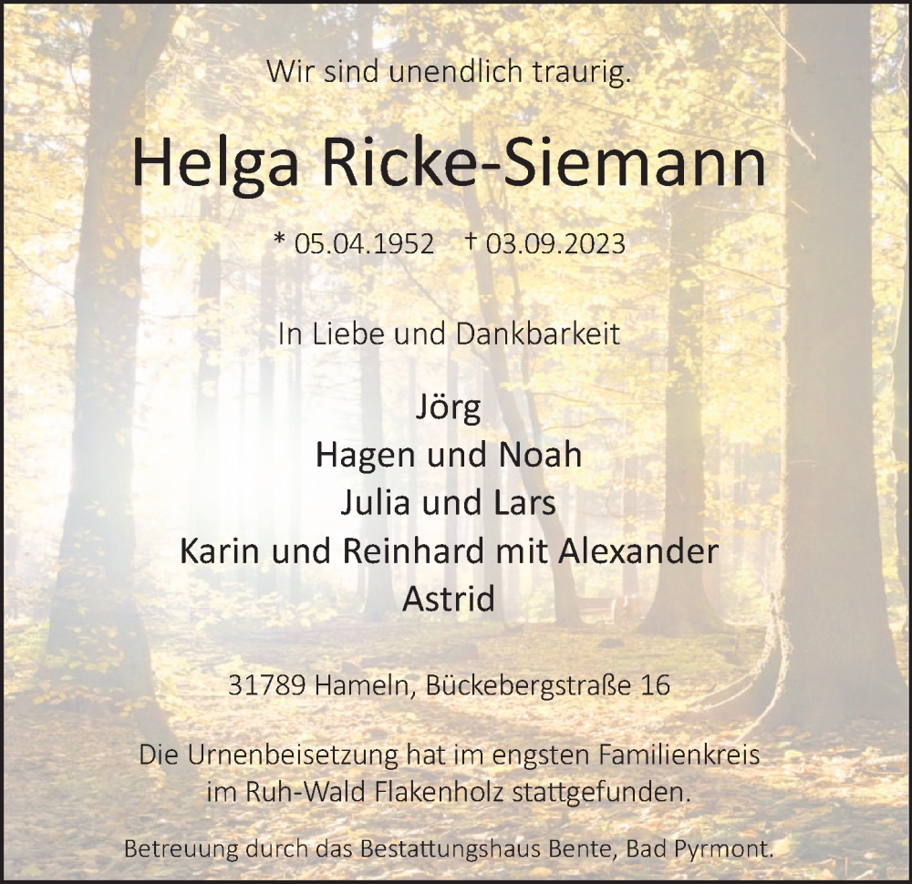  Traueranzeige für Helga Ricke-Siemann vom 15.09.2023 aus Deister- und Weserzeitung