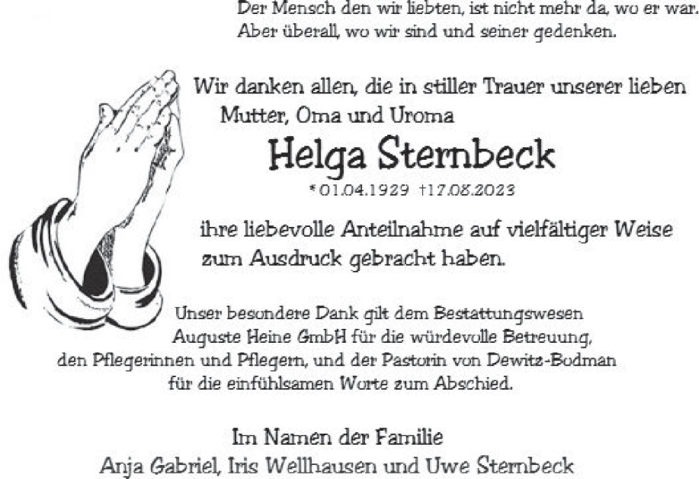  Traueranzeige für Helga Sternbeck vom 16.09.2023 aus Deister- und Weserzeitung