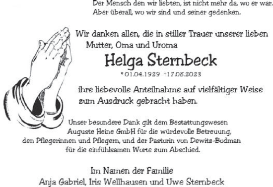 Traueranzeige von Helga Sternbeck von Deister- und Weserzeitung