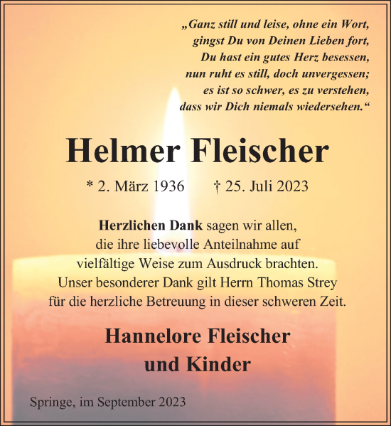 Traueranzeige von Helmer Fleischer von Neue Deister-Zeitung