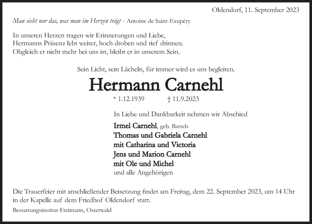  Traueranzeige für Hermann Carnehl vom 18.09.2023 aus Deister- und Weserzeitung