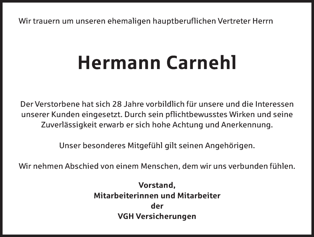  Traueranzeige für Hermann Carnehl vom 20.09.2023 aus Deister- und Weserzeitung