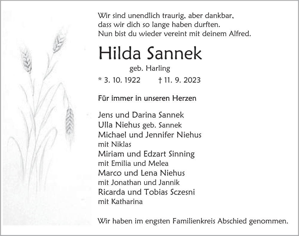  Traueranzeige für Hilda Sannek vom 07.10.2023 aus Deister- und Weserzeitung