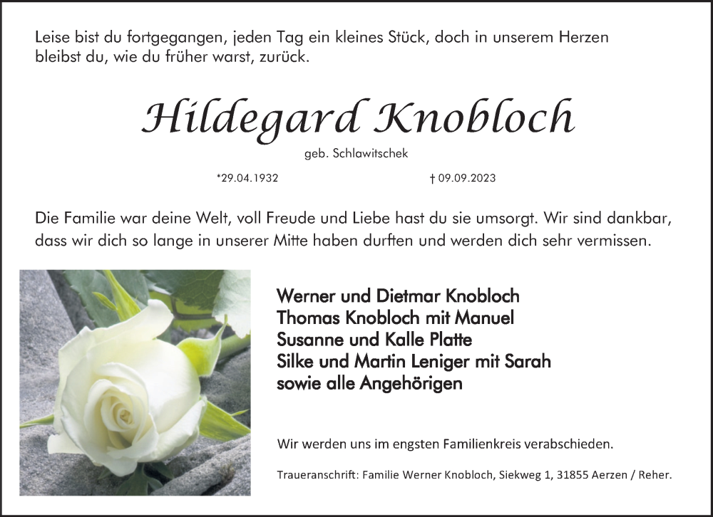  Traueranzeige für Hildegard Knobloch vom 16.09.2023 aus Deister- und Weserzeitung