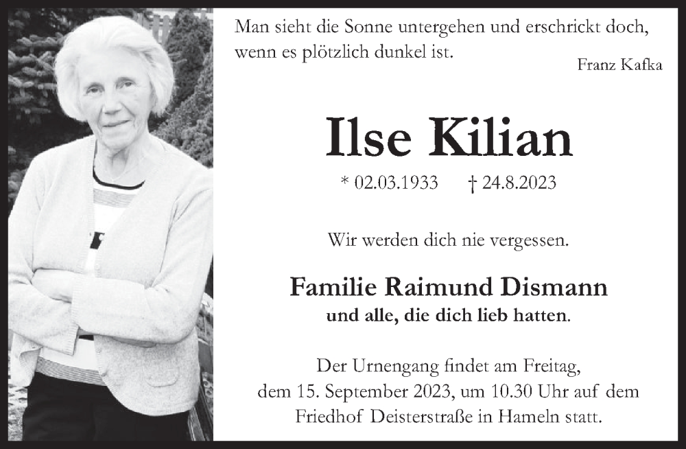  Traueranzeige für Ilse Kilian vom 13.09.2023 aus Deister- und Weserzeitung
