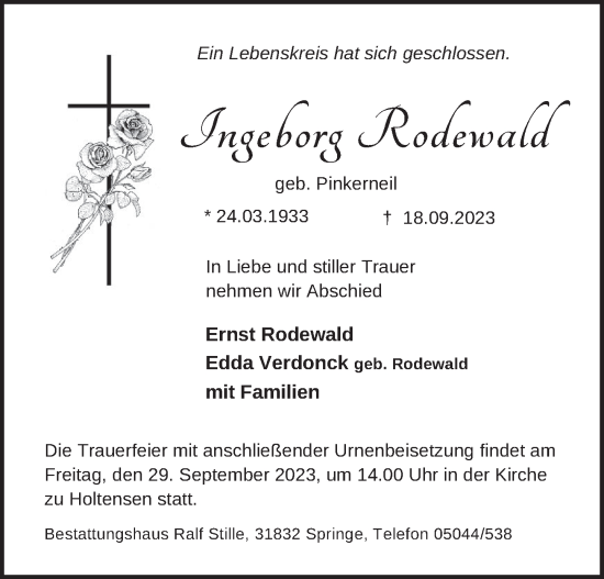 Traueranzeige von Ingeborg Rodewald von Neue Deister-Zeitung