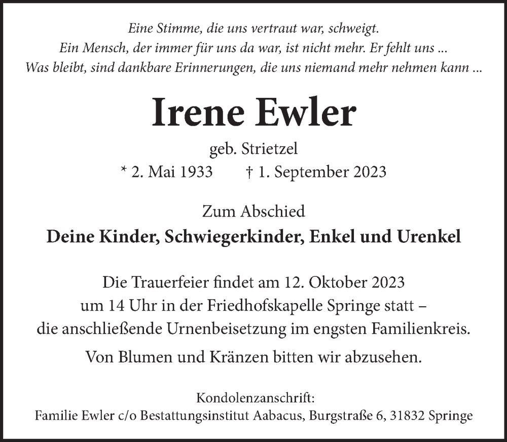  Traueranzeige für Irene Ewler vom 16.09.2023 aus Neue Deister-Zeitung