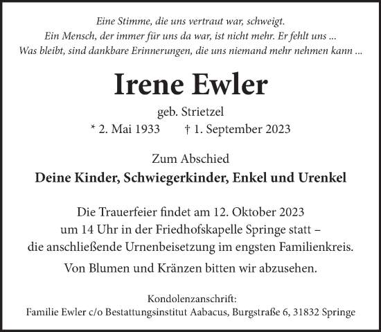 Traueranzeige von Irene Ewler von Neue Deister-Zeitung