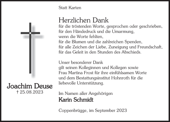 Traueranzeige von Joachim Deuse von Deister- und Weserzeitung