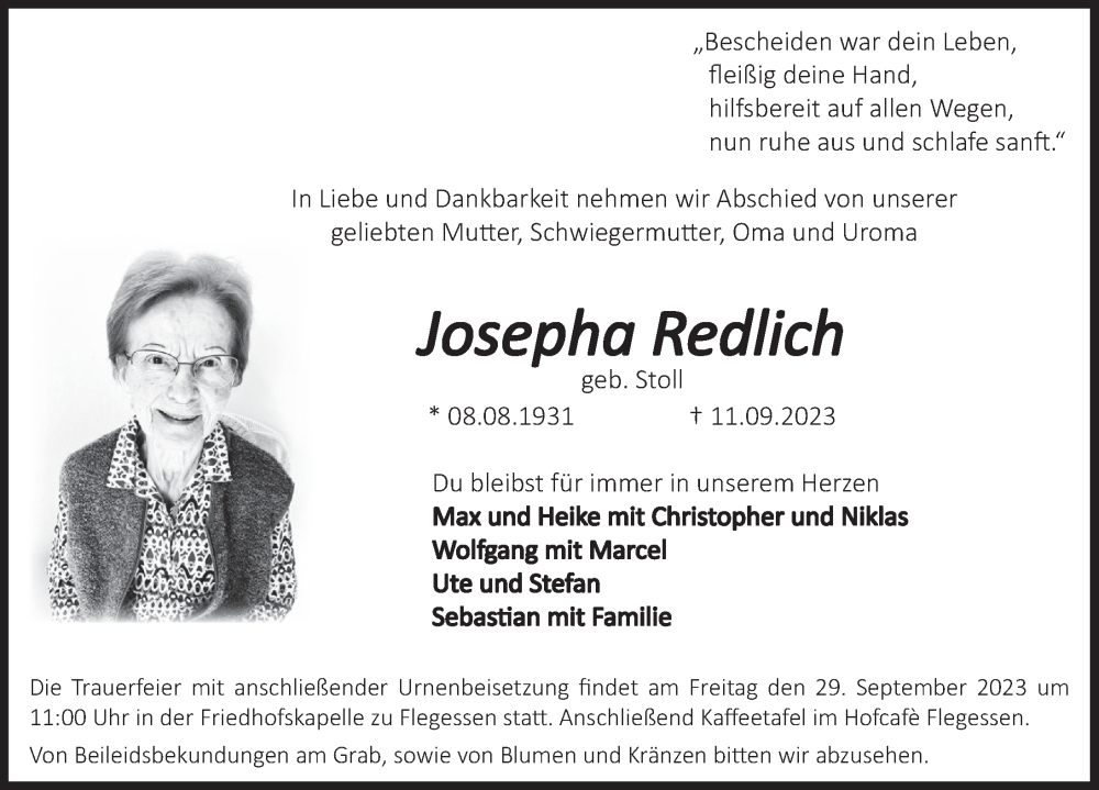  Traueranzeige für Josepha Redlich vom 20.09.2023 aus Deister- und Weserzeitung