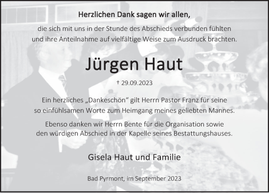 Traueranzeige von Jürgen Haut von Deister- und Weserzeitung