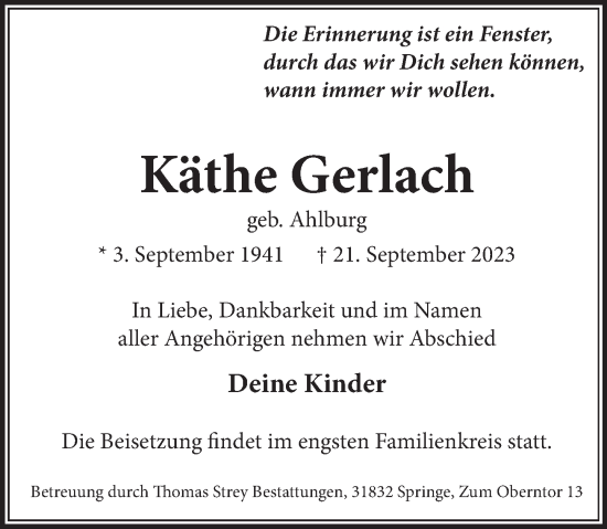 Traueranzeige von Käthe Gerlach von Neue Deister-Zeitung