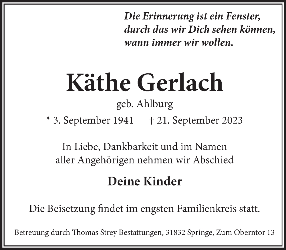  Traueranzeige für Käthe Gerlach vom 30.09.2023 aus Neue Deister-Zeitung